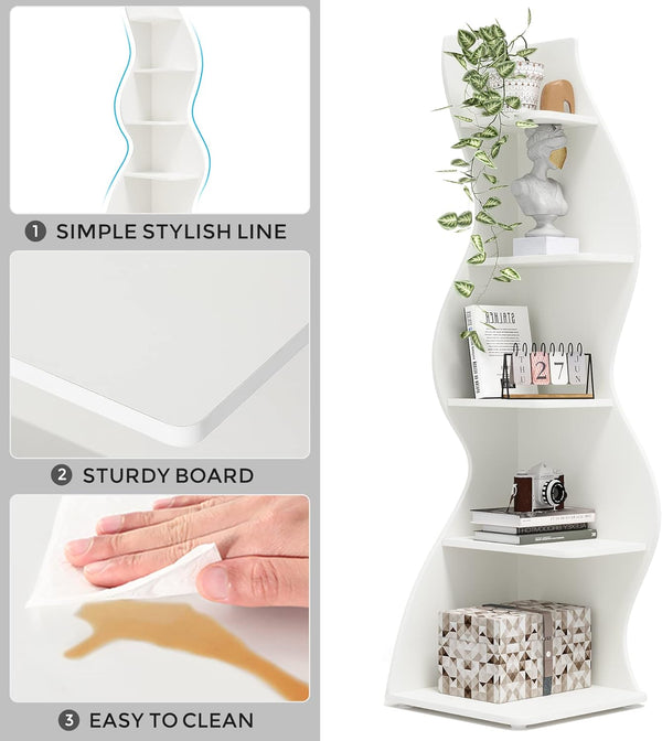 English Elm 5-tier Corner Shelving Unit Tall Engineered Wood Open Rack for Bedroom or Office White T3971P418260