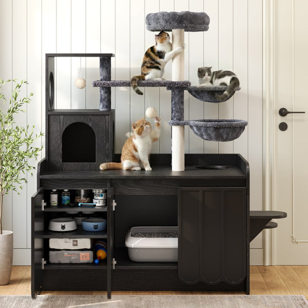 English Elm 50.6" Modern Cat Tower with Hidden Litter Enclosure Sisal Posts and Dual Hammocks N704P443505B