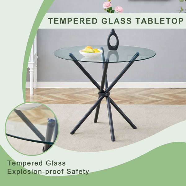 English Elm A Round Tempered Glass Dining Table with Sculptural Black Metal Legs for Modern Spaces W1151P411356
