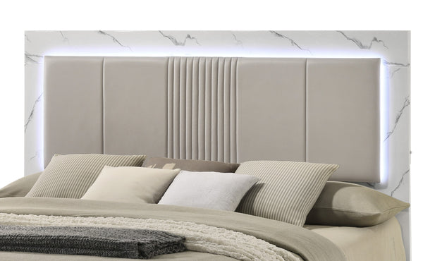 English Elm Mist King Bed Two-Tone Lacquer & Marble-Style Headboard with Padded Backing, LED Ambience Lighting B009S01596