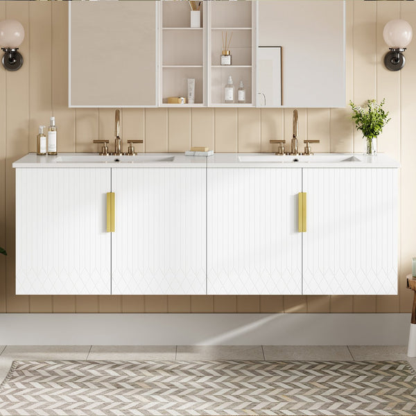 English Elm 60" Vintage Bathroom Vanity with Ceramic Sink Wall-Mount Modern Striped Design Durable MDF Wood Finish White N710SS00010K