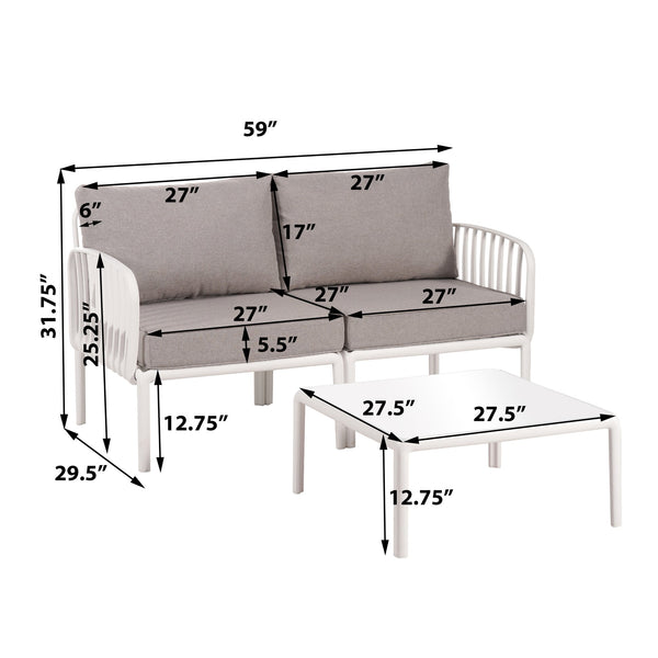 English Elm Christopher Knight Home® - 3 Piece Patio Conversation Set with Deep Seating Loveseat and Square Glass Coffee Table, Waterproof Cushions, Modern Outdoor Patio Furniture for Porch and Balcony (Seats 2, Heavy-Duty 400lb Capacity) White+gray N780P199459W