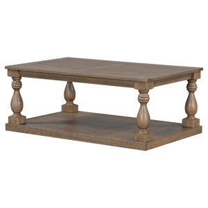 English Elm U_style Pine Veneer Coffee Table with Sculptural Turned Legs for Classic Living Room Decor Brown N711P407149D
