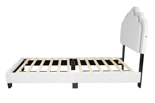 English Elm 1pc Twin Platform Bed White Wool Upholstery Floral Tufted Headboard with Built-in Led B011P417508