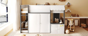 English Elm Twin House Loft Bed with Pull Out Rolling Desk Stair Drawers and Cabinet Storage White+Gray N820S00074E