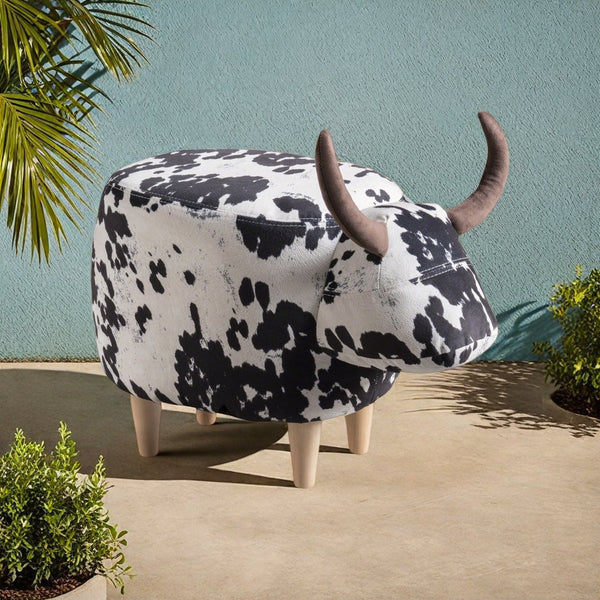 English Elm Christopher Knight Home® - Animal Cow Ottoman with Velvet Horns and Birch Legs — Whimsical Fabric Footstool for Cozy Décor White+Black 61391.00BWC