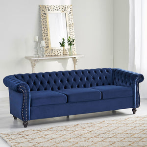 Christopher Knight Home® - Noble House - Parksley Tufted Chesterfield Velvet 3 Seater Sofa, Midnight Blue and Dark Brown