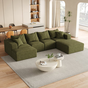 English Elm Modern Upholstered Sectional Sofa Set Modular 132" L-Shape Chenille Couch with 6 Pillows, No-Assembly Comfort and FlexibilityReadable? Green W834S00501