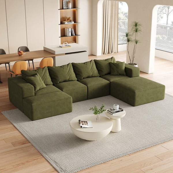English Elm Modern Upholstered Sectional Sofa Set Modular 132" L-Shape Chenille Couch with 6 Pillows, No-Assembly Comfort and FlexibilityReadable? Green W834S00501
