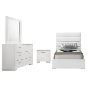 English Elm Dulcey Twin Bedroom Set High Gloss White Faux Leather Tufted Headboard Chrome Pulls B062S01518