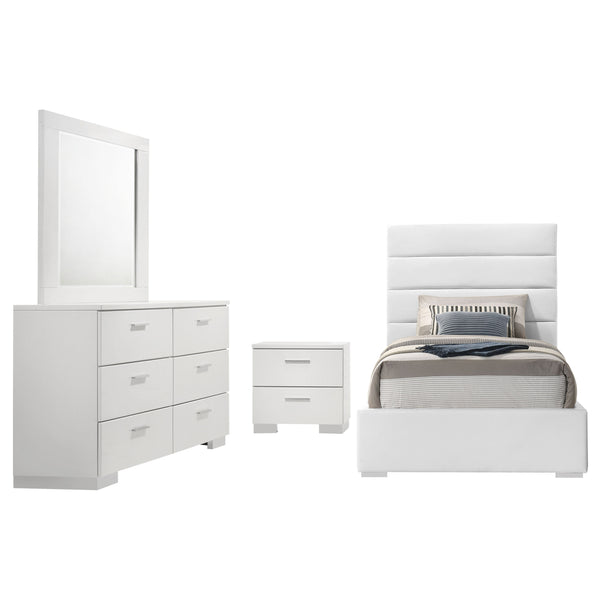 English Elm Dulcey Twin Bedroom Set High Gloss White Faux Leather Tufted Headboard Chrome Pulls B062S01518