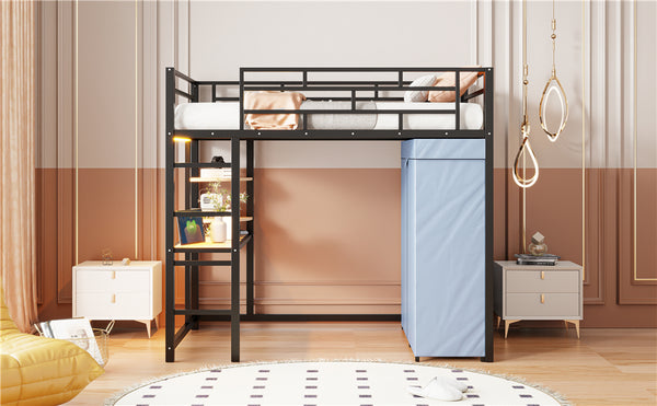 English Elm Twin Loft Bed with Built-In Desk, LED Light Strip, Power Outlet & Fabric Wardrobe for Small Rooms Black SF000178AAB