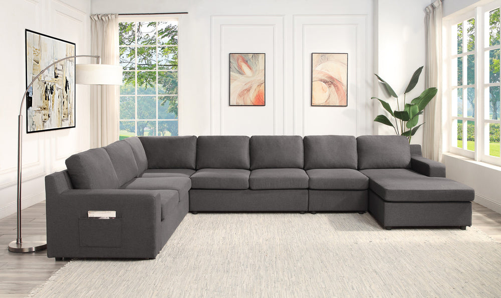 English Elm Walfredo 7-seater U-shape Linen Sectional with Reversible Cushions for Large Living Rooms B2749S00050