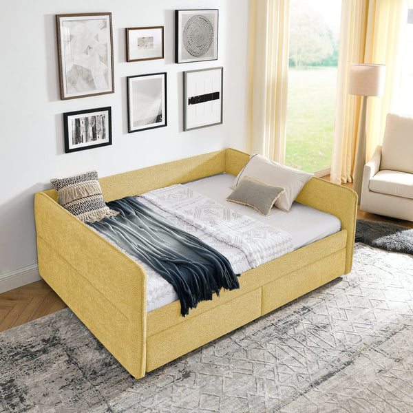 English Elm Queen Boucle Tufted Daybed Sofa with Storage Drawers Eucalyptus Frame Guest Room Yellow W1413S00180