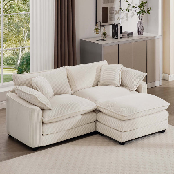 English Elm Corduroy Two-Seater Sofa With Ottoman - Chic L-Shaped Design For Cozy Small Spaces In Light Beige W714S00770