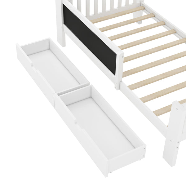 English Elm Twin Chalkboard Platform Bed with Drawers & Shelves, Solid Wood Kids Bed with Storage and Creative Headboard White W1580P362704