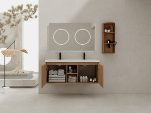 English Elm 48" Wall-Mounted Bathroom Vanity With Double Sink, Soft-Close Doors & Storage Rack For Modern Homes W999S00346