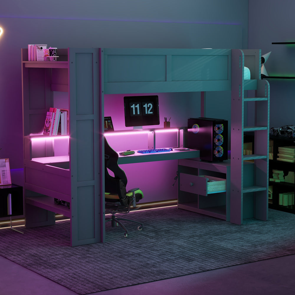 English Elm Wood Twin Loft Bed with Desk Led Lighting Charging Ports and Multi-zone Storage SM000373AAE