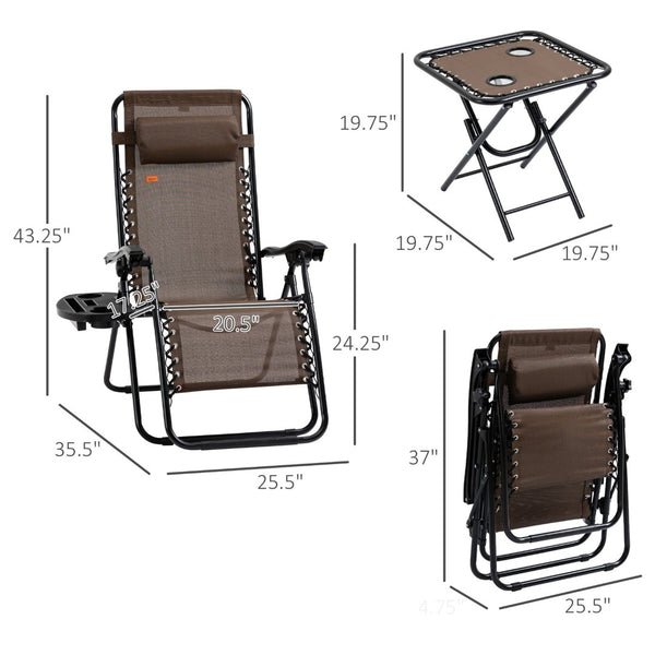 English Elm Outsunny Portable Zero Gravity Chair Set With Side Table, Padded Recliners & Cupholders For Comfort W2225P200607-GIGA