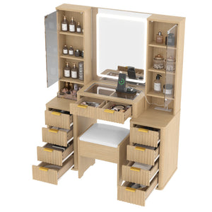 English Elm 43.5" Fluted Makeup Vanity with Led Mirror Glass Top Gold Hardware and Storage Stool Oak N704G202305N