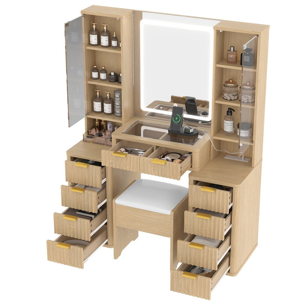 English Elm 43.5" Fluted Makeup Vanity with Led Mirror Glass Top Gold Hardware and Storage Stool Oak N704G202305N