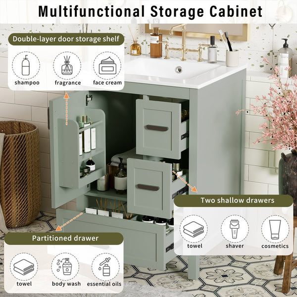 English Elm Modern 24 Inch Bathroom Vanity Solid Wood Cabinet with Ceramic Sink and Soft Close Storage Green N729P292859F