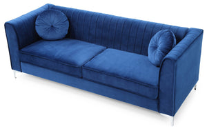 English Elm Delray Glam Velvet Sofa with Chrome Legs and Pocketed Coil Cushions, Channel Quilting & Pillows Navy Blue 26 L x 37 W x 26 H B078S00463