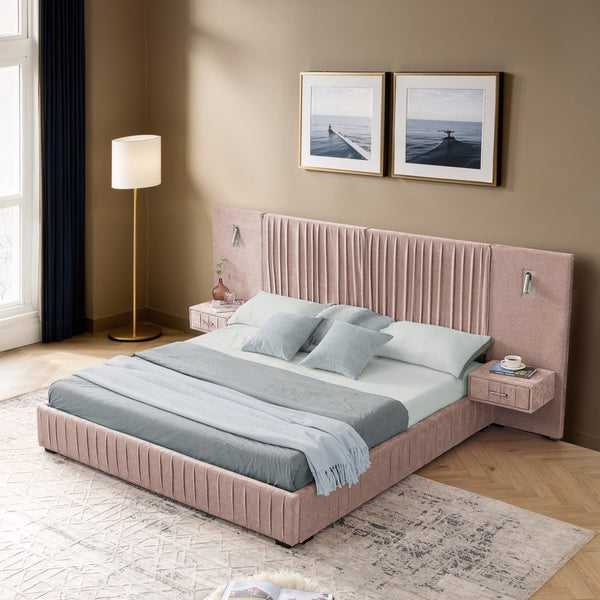 English Elm Queen Upholstered Bed Frame With Chenille Fabric, Pleated Headboard & Built-In Nightstand - Pink W487S00399-GIGA