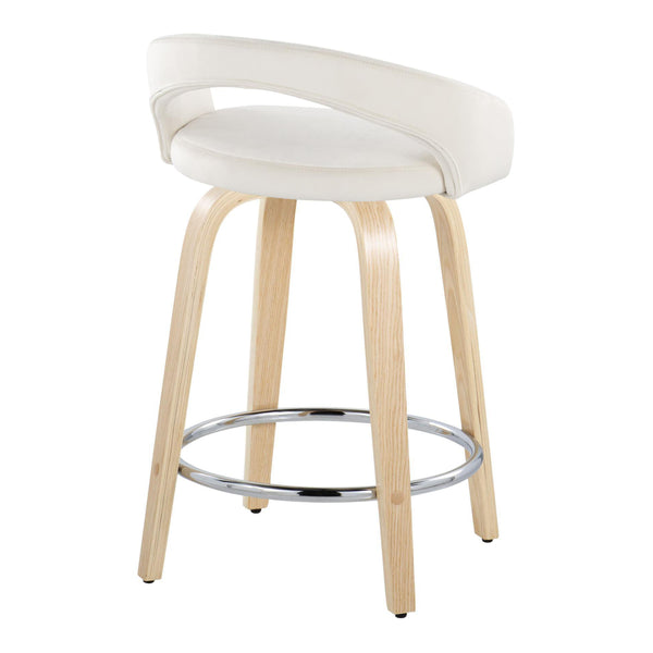 English Elm Fixed-height Swivel Counterstools with Velvet Seats Bent Wood Legs and Chrome Footrest B202S01764