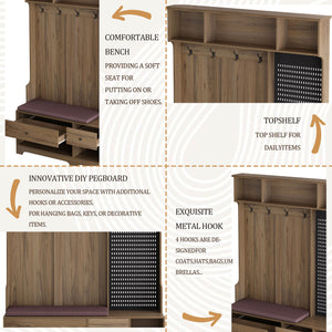 English Elm Multi-purpose Hallway Hall Tree with Linen Cushion Bench, Pegboard, Hooks, Drawers & Shoe Storage Brown W757P196819