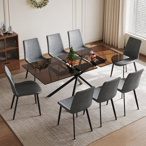English Elm 59-inch Expandable Glass Top Dining Set Seats 8 with Upholstered Chairs X-base W2700S00083