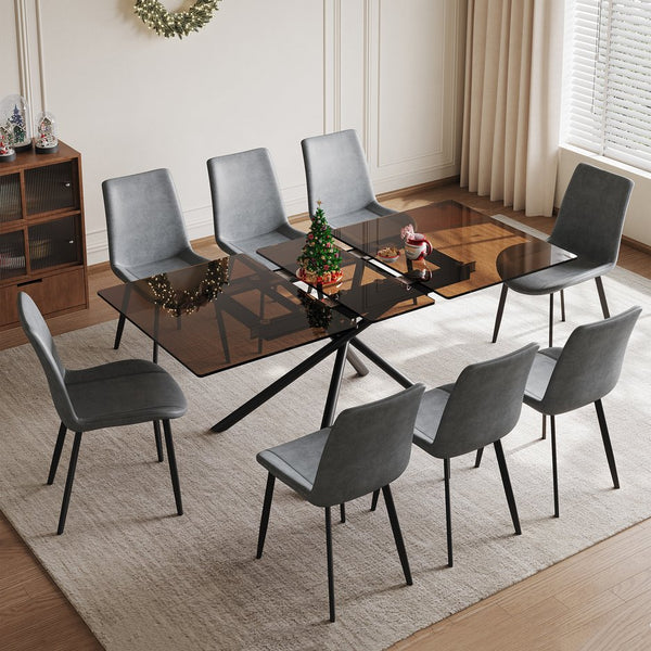 English Elm 59-inch Expandable Glass Top Dining Set Seats 8 with Upholstered Chairs X-base W2700S00083