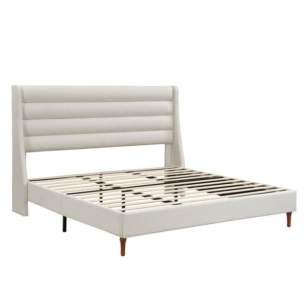 English Elm King Upholstered Platform Bed Frame King Size with High Wave Headboard, Chenille Ivory, Noise-Free EVA, 1000lb Capacity, No Box Spring Needed, Easy Velcro Assembly W1716P362410