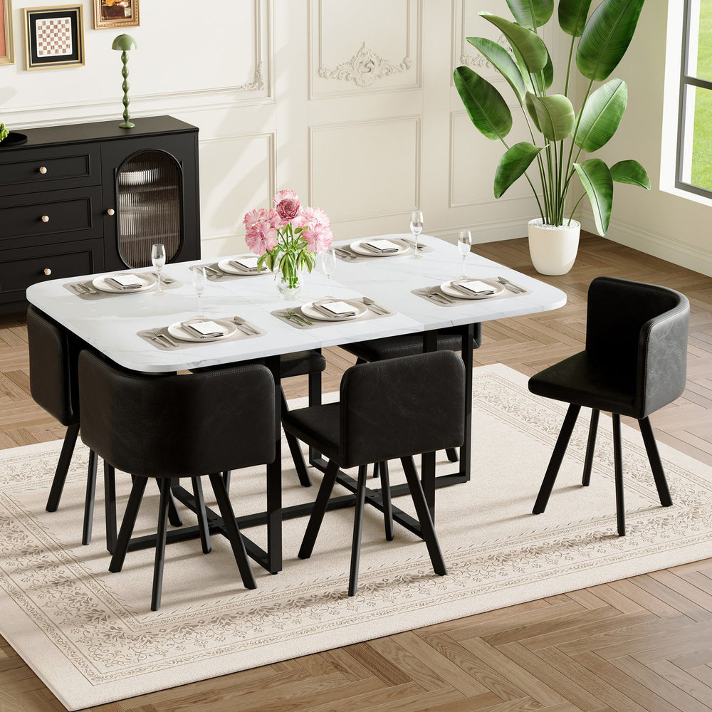 English Elm 7-piece Rectangular Dining Set Seats 6 with Faux Leather Chairs and Melamine Top Black,White W3875S00115