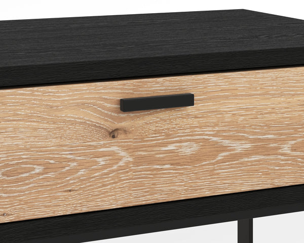 Sunpan Rosso Modern Industrial Nightstand with Soft Close Drawer, Rustic Oak Veneer & Black Iron Legs