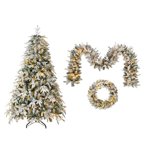 English Elm Christmas Snow Flocked Wreath Set with 9ft Garland & 6ft Tree, Warm LED Lights, 3-Piece Indoor Decor (100) PX283313AAW