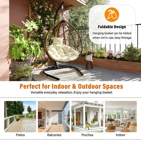 English Elm U_style Wicker Hanging Egg Chair with Stand Foldable Indoor Outdoor Swing Seat Brown+Beige N711P389502K