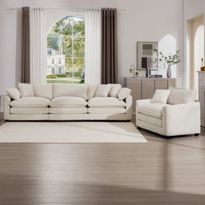 English Elm Mid-Century Modern 2-Piece Sofa Set: Stylish 3-Seater And Accent Chair In Soft Light Beige Corduroy W714S00776