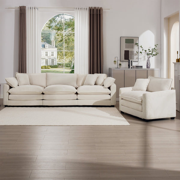 English Elm Mid-Century Modern 2-Piece Sofa Set: Stylish 3-Seater And Accent Chair In Soft Light Beige Corduroy W714S00776