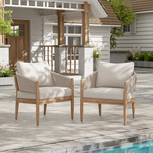 English Elm Christopher Knight Home® - Verona Outdoor Acacia Wood Club Chair Set Of 2 With Beige Cushions & Handwoven Rope For Patio Style N775P309256A
