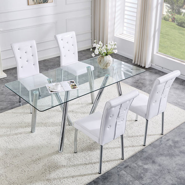 English Elm 71-inch Tempered Glass Dining Table Electroplated Metal Base Open Airy Modern Style White W3875S00005