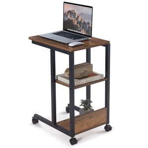 English Elm Shaped End Table with Lockable Wheels and Two-Tier Storage — C-Shape Rolling Side Table for Sofa Brown T3623P409440
