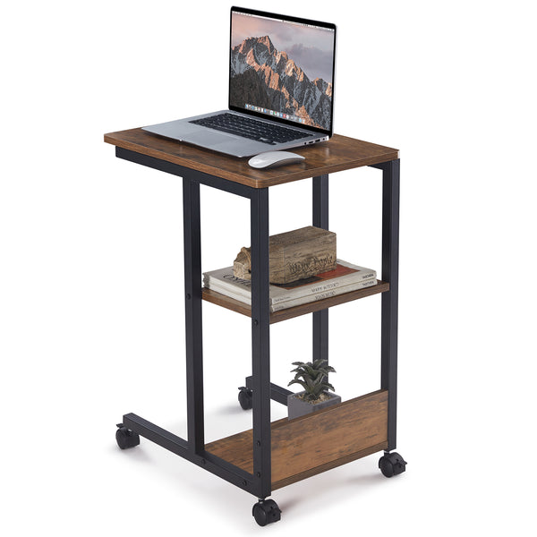 English Elm Shaped End Table with Lockable Wheels and Two-Tier Storage — C-Shape Rolling Side Table for Sofa Brown T3623P409440