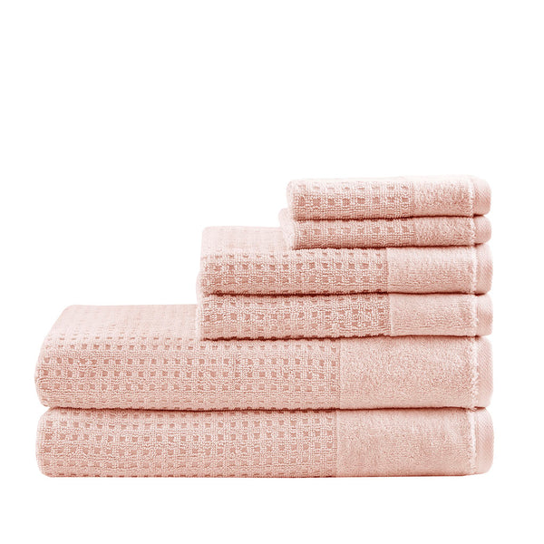 JLA Home Madison Park - Cotton Waffle Jacquard Antimicrobial Bath Towels 6-Piece Spa Set — Quick-Dry, OEKO-TEX Certified, Plush Pink MP73-6220