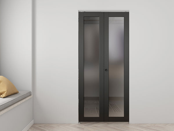 English Elm 30 in Matte Mdf Bi-fold Door with Frosted Glass Panels Hardware and Handle Included B2763P483221