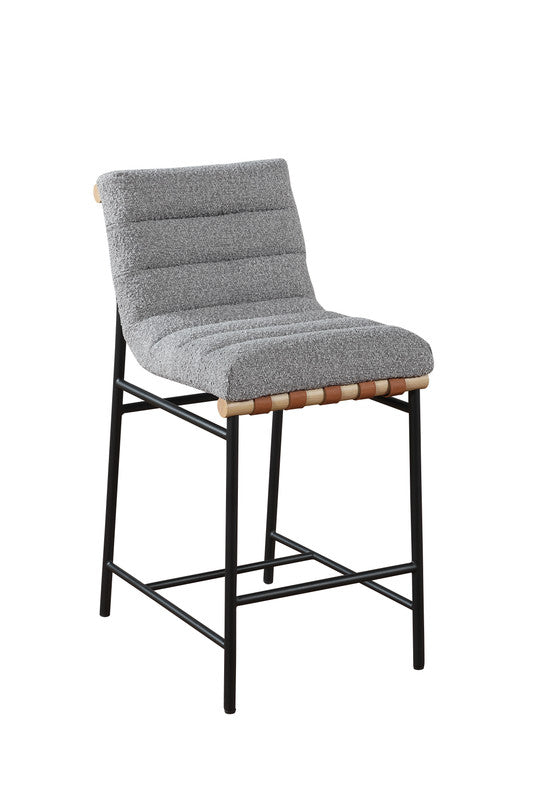 English Elm Liana Boucle Upholstered Counter Stool with Cognac Leather Accents and Iron Legs Gray B2749P413186