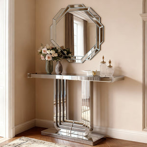 English Elm Mirrored Console Table Silver Glam Entryway Piece with Geometric U Base and Etched Detail W1445P370476