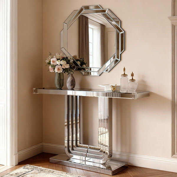 English Elm Mirrored Console Table Silver Glam Entryway Piece with Geometric U Base and Etched Detail W1445P370476