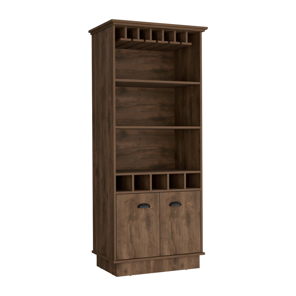 English Elm Bar Cabinet 70"H with Wine Rack, Glass Upper Display, 3 Open Shelves & Lower Storage, Dark Brown B097S00119