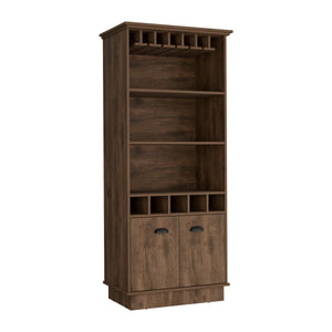 English Elm Bar Cabinet 70"H with Wine Rack, Glass Upper Display, 3 Open Shelves & Lower Storage, Dark Brown B097S00119